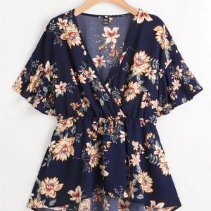 Plus Floral Print Surplice Front Peplum Blouse